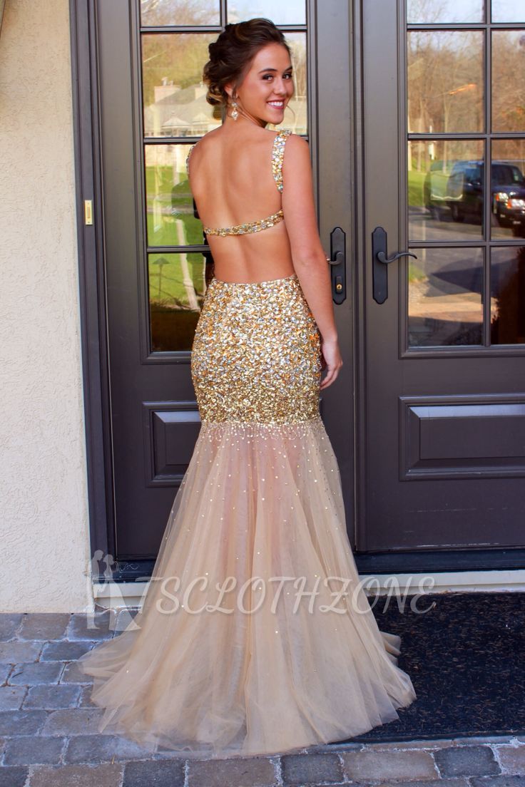 Gold Sequined 2022 Prom Dresses Straps Mermaid Sequins Backless See Through Evening Gowns