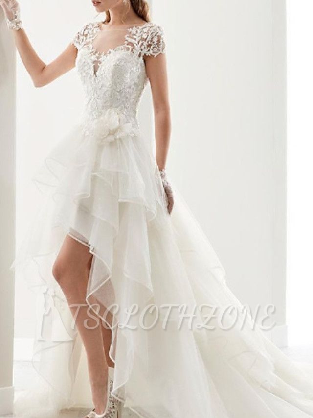 Vintage Asymmetrical A-Line Wedding Dress Jewel Lace Organza Short Sleeve Sexy Bridal Gowns Sweep Train