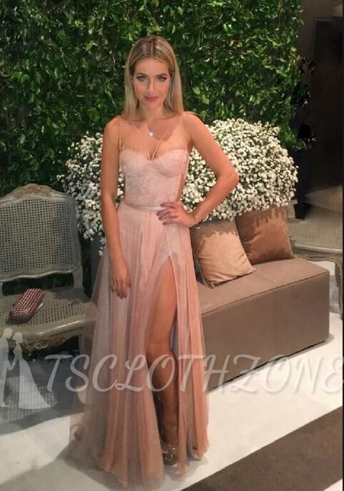 Pink Spaghetti Straps Tulle Backless Side Split Prom Dresses Lace Sexy 2022 Party Dress