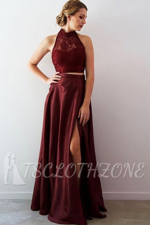 Two Piece Lace A-Line Split Front Floor-Length Halter Prom Dress