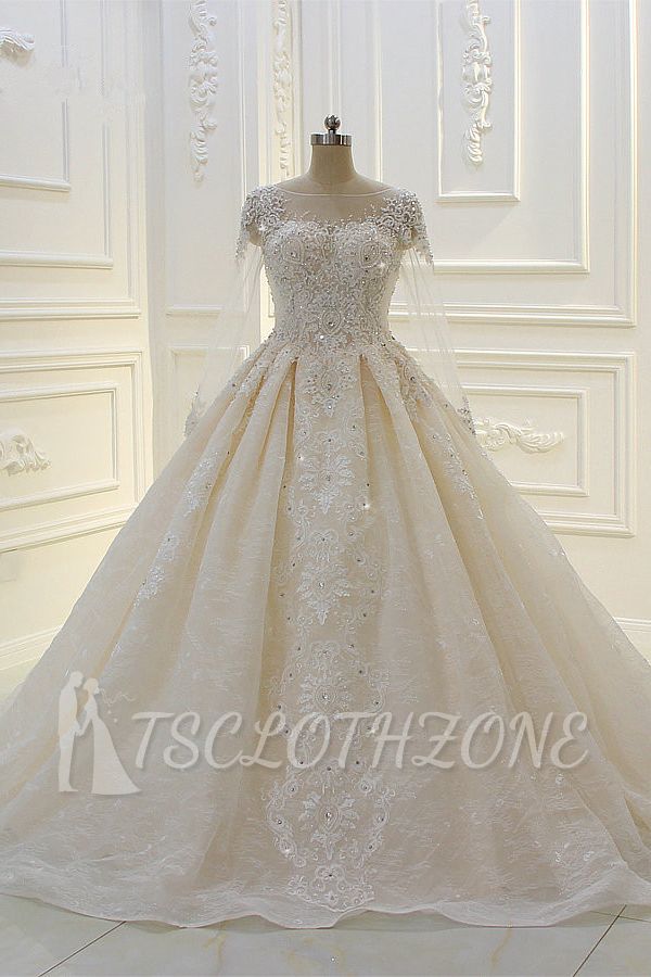 Luxury Ball Gown Long Sleeves Lace Applqiues Beadings Wedding Dress