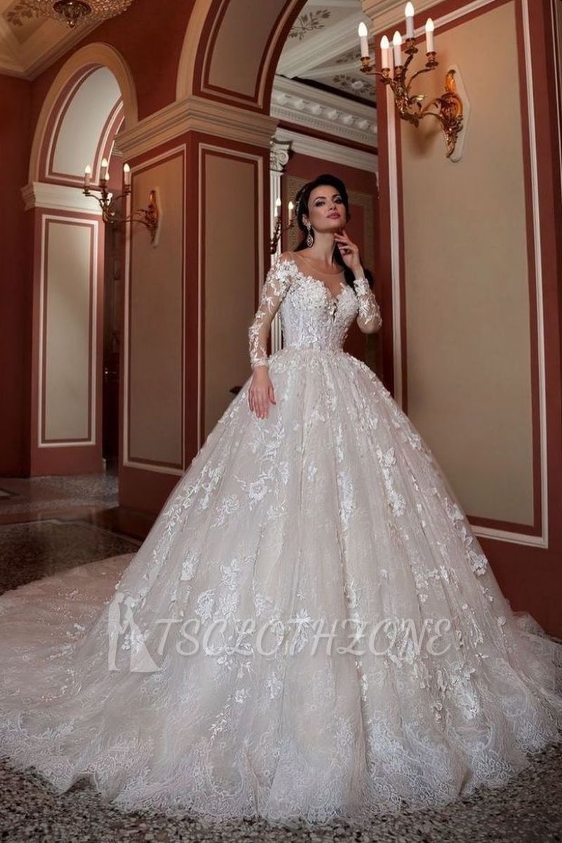Luxuriöses, langärmliges Brautkleid in A-Linie mit Spitzenapplikation