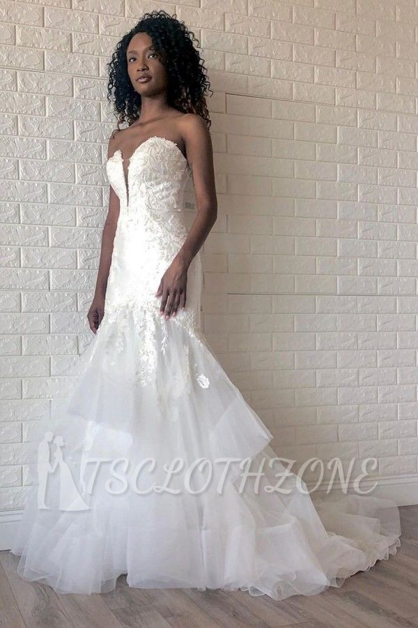 White Sweetheart Mermaid Spring Wedding Dress with Multi-Layers