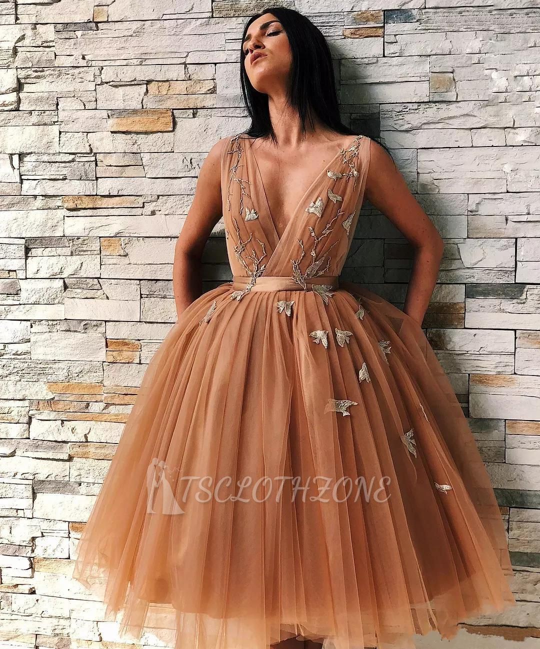 Sexy A-line Tulle Knee Length Prom Dresses With Lace Appliques | Brown Open Back Party Gowns
