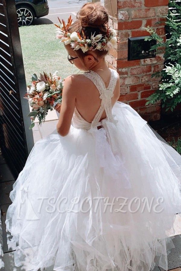 Criss-cross Straps Lace Shoulder Tiered Tulle Flower Girl Dresses | White Floor Length Sleeveless Kid's Dress For Wedding