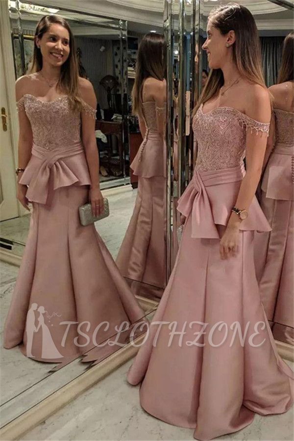 2022 Pink Mermaid Tiered Evening Dresses | Off-the-Shoulder Appliques Prom Dresses with Beadings
