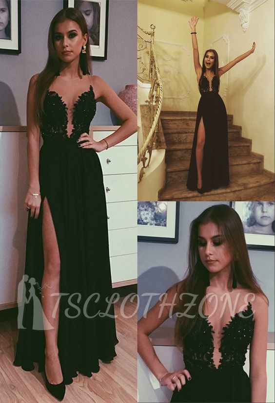 V-neck A-line Lace Sleeveless Evening Dress | Sexy Side Slit Party Gowns