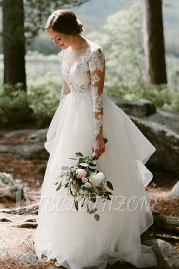 Charming White Floral Lace Wedding Dress Tulle Long Sleeve Garden Bridal Dress