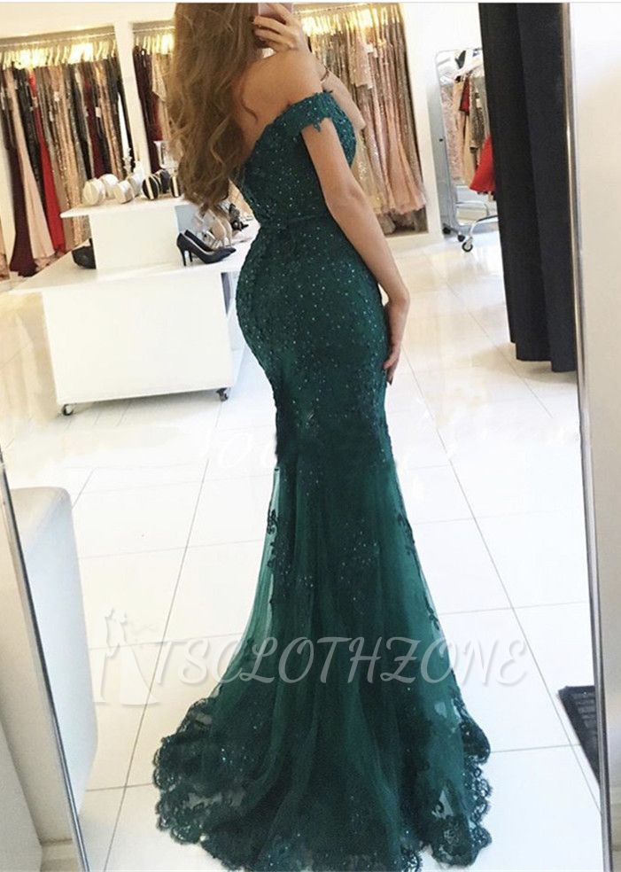 Dark Green Charming Mermaid Evening Gowns Off-the-Shoulder Lace Appliques 2022 Prom Dress