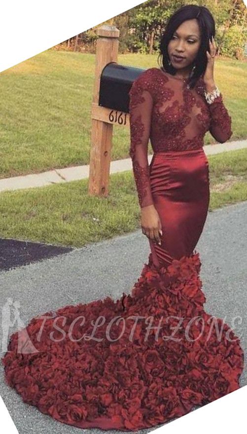 Elegant Open back Red Marmaid Prom Dress 2022 Long Sleeve Court Train with Flowers Evening Party Gown