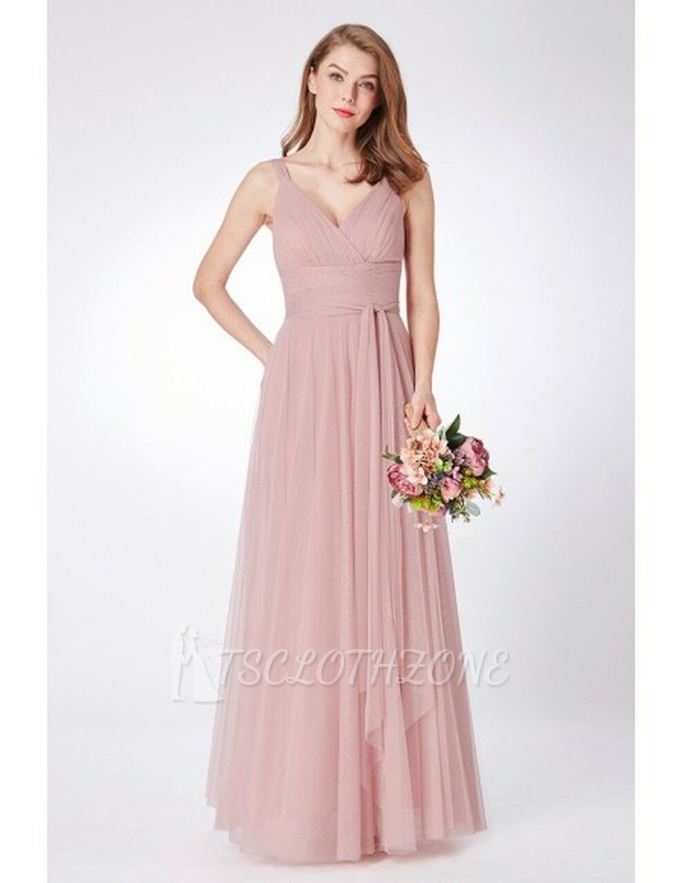 Dusty Rose Simple Pleated Long Tulle Bridesmaid Dress
