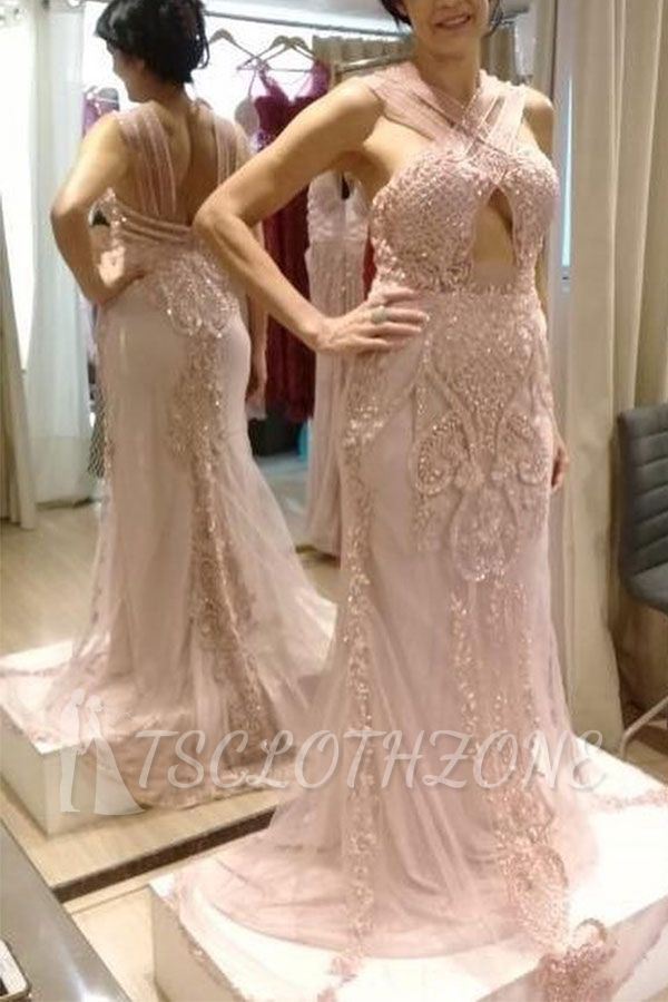Light Dusty Pink Column Cross-front Keyhole Prom Dress with Beaded Lace Appliques