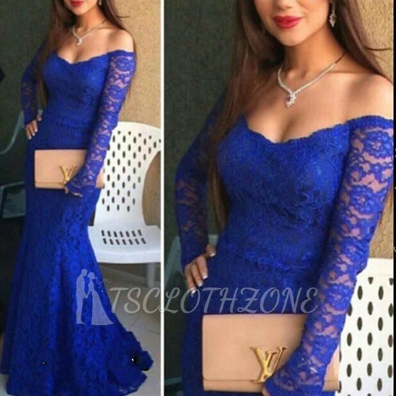 Mermaid Long Sleeve Royal Blue 2022 Evening Dress Lace Off the Shoulder Party Gown