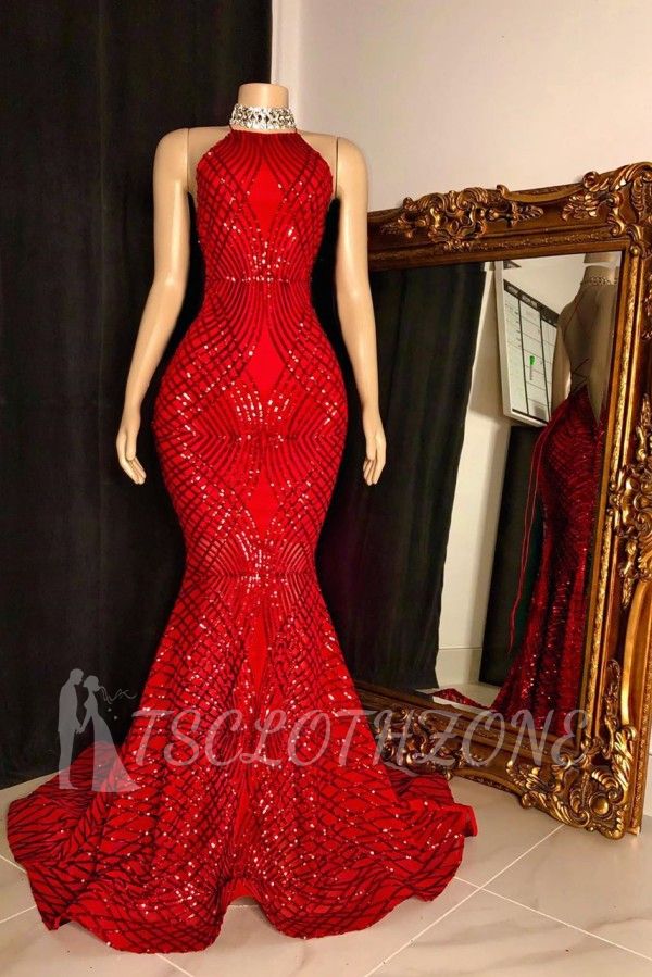 Halter Lace-up Sequins Floor Length Red Mermaid Prom Dresses