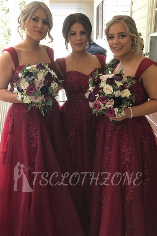 Burgundy Tulle Lace-Appliques Straps Sweetheart summer Bridesmaid Dress