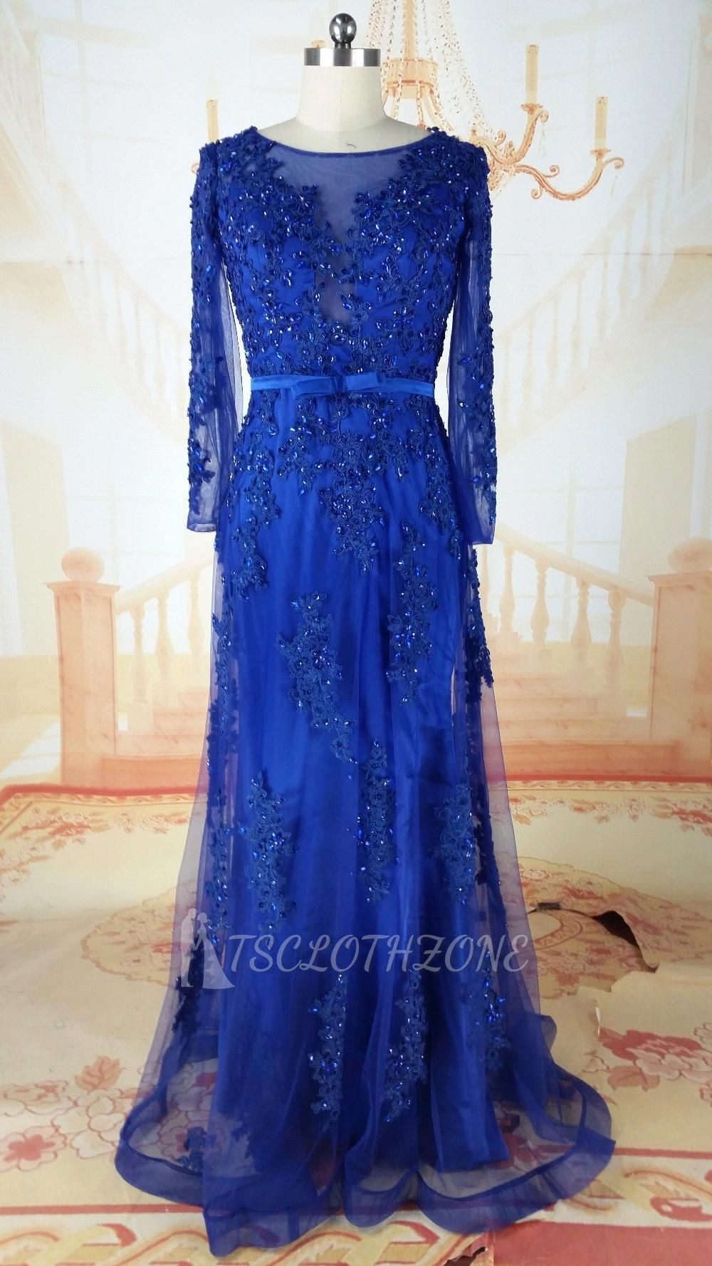 A-Line Long Sleeve Blue Mother of the Bridal Dresses Latest Beading Tulle Mother Dress