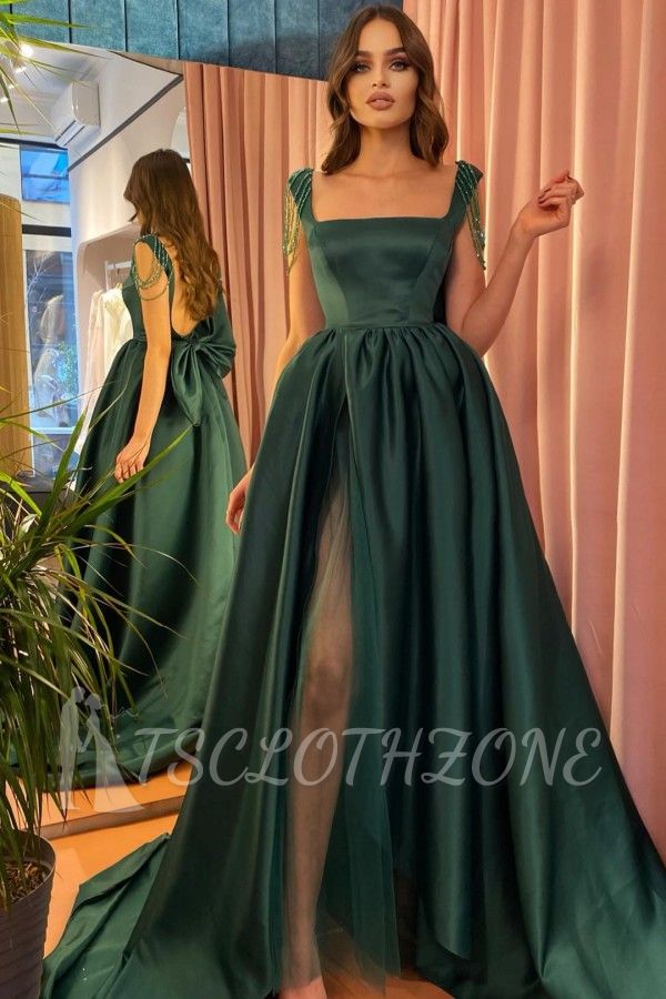 Günstiges langes dunkelgrünes Abendkleid mit U-Ausschnitt | Grünes Abendkleid