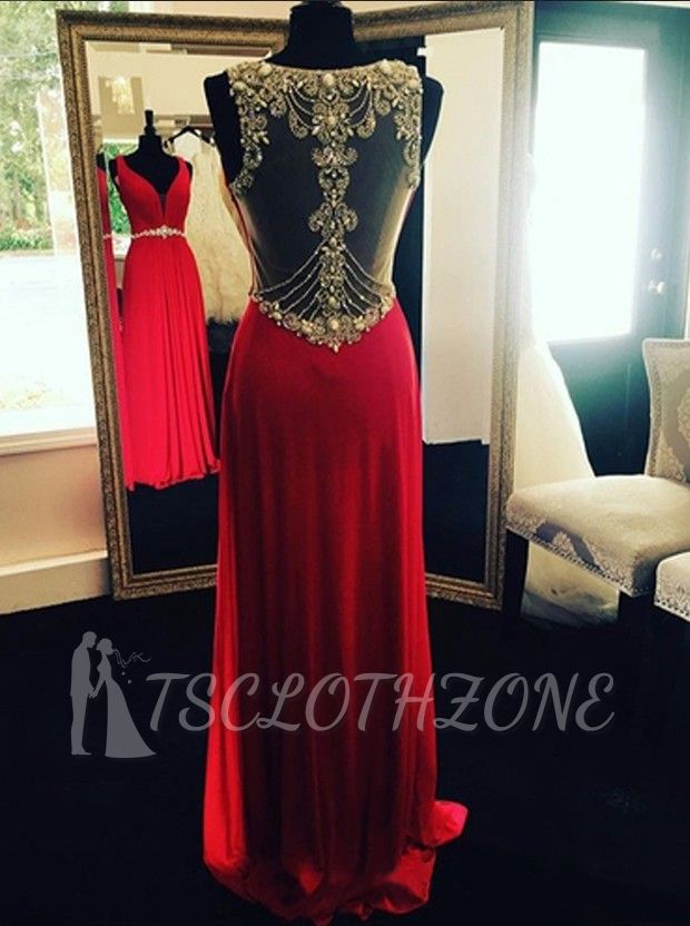Crystal Long Beading 2022 Evening Dresses Sleeveless Red Prom Dresses