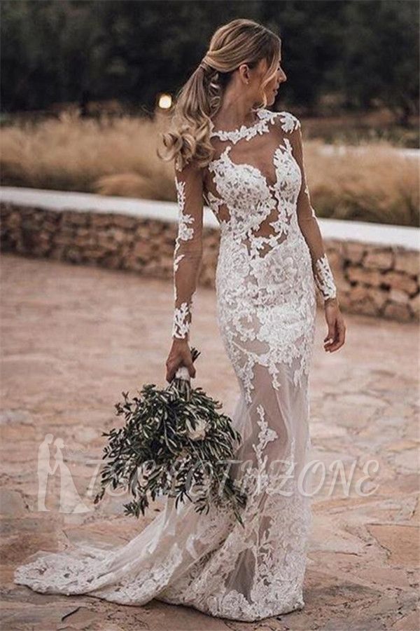 Sheer Tulle Lace Appliques Sexy Summer Beach Wedding Dress | Sheath Cheap Long Sleeve Outdoor Wedding Dress