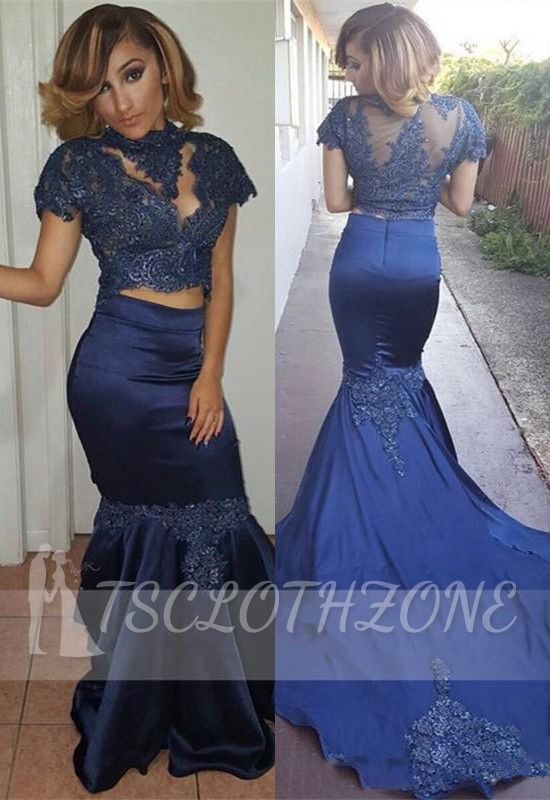 Dark Navy Mermaid Two Pieces Prom Dresses 2022 Short Sleeves High Neck Evening Dresses