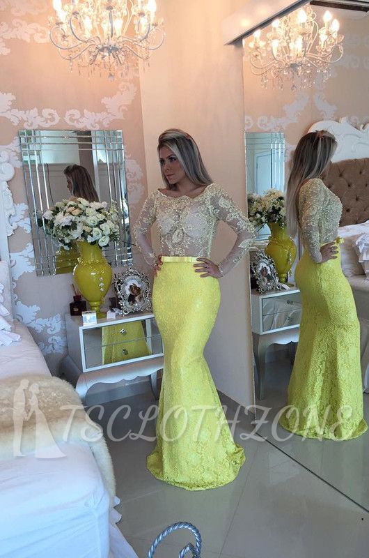 Gelbes langärmliges Meerjungfrau-Abendkleid 2022 aus Spitze mit Perlen besetzt