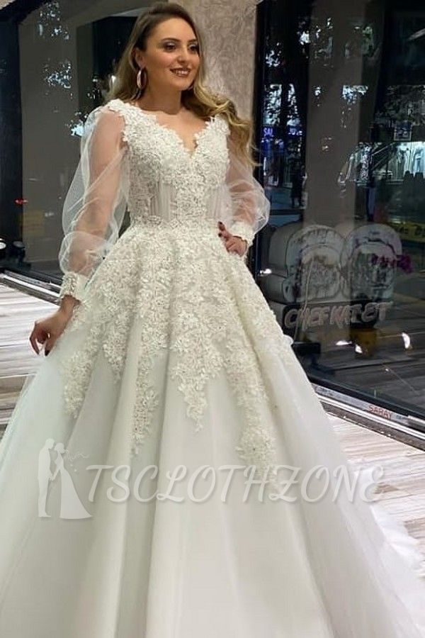Gorgeous White Bubble Sleeves Lace Bridal Gown Floor Length Princess Wedding Dress
