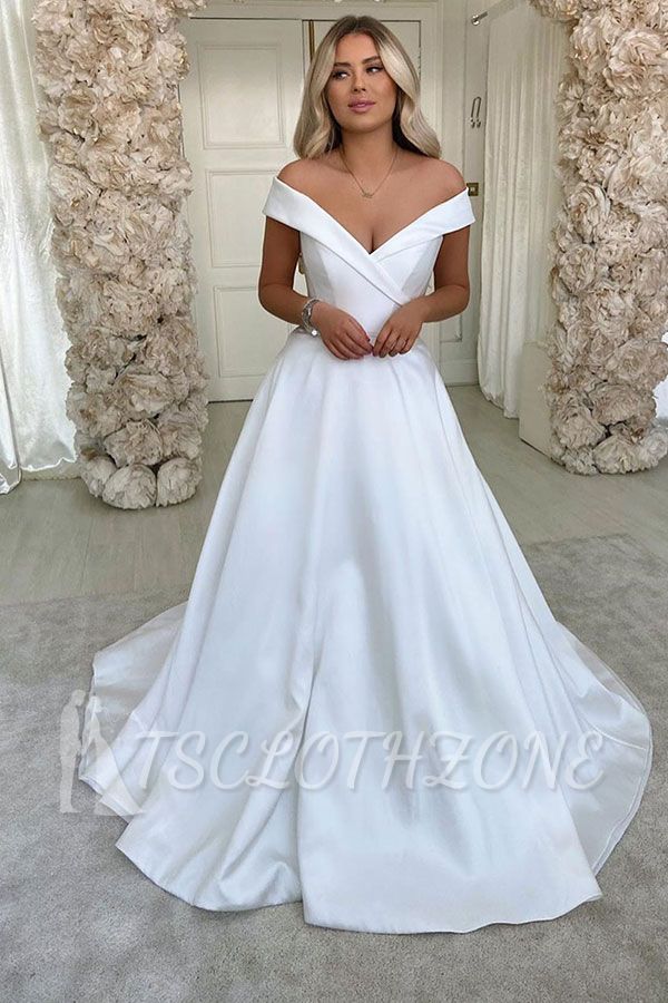 Simple Retro White Off the shoulder A-line Bridal Gowns