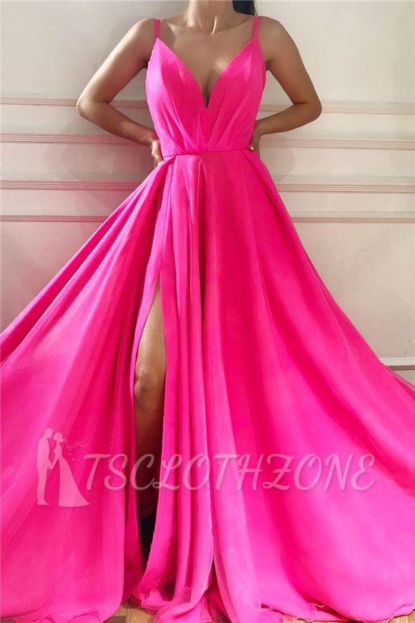 Sexy Spaghetti Straps Sleeveless Long Prom Dress | Affordable V Neck Front Slit Long Pink Prom Dress