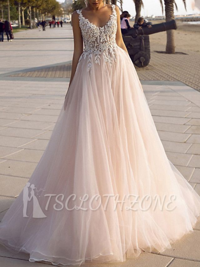 Beach A-Line Wedding Dress V-Neck Spaghetti StrapLace Tulle Sleeveless Sexy Backless Bridal Gowns with Sweep Train