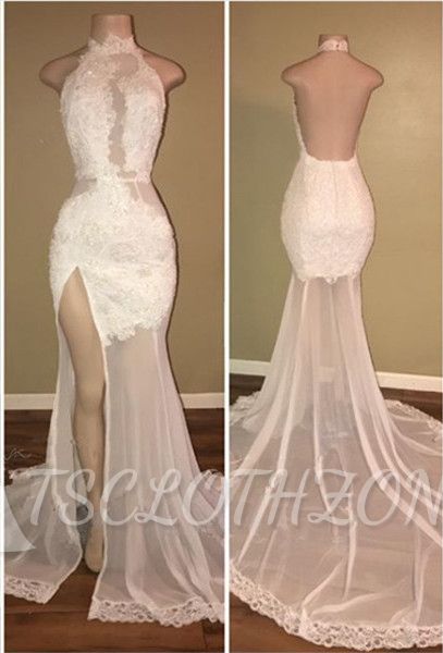 Elegant White Lace Halter Prom Dress Mermaid Backless Party Dress With Slit