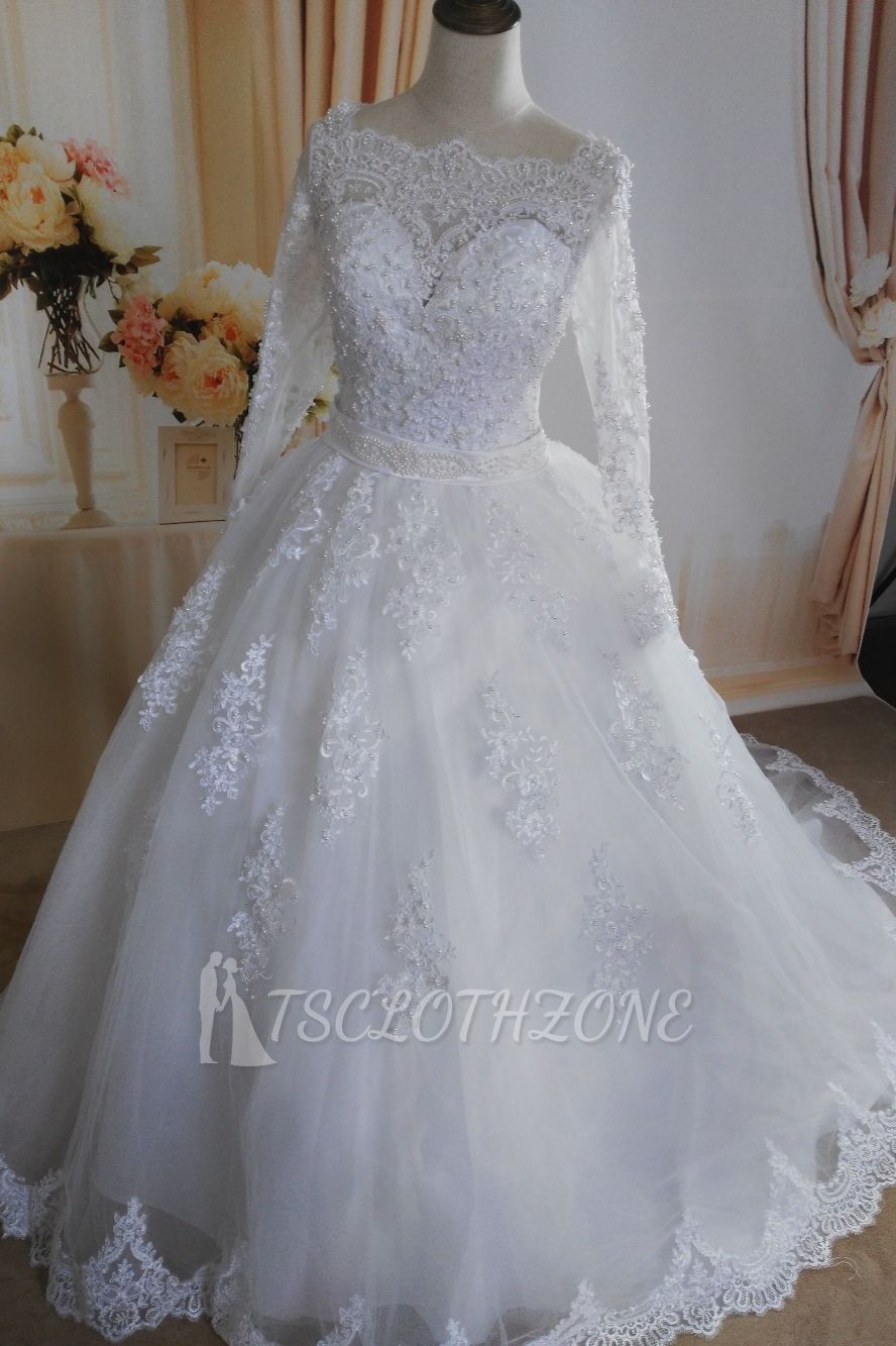 TsClothzone Wunderschönes Tüll-Spitze-Weiß-Hochzeitskleid mit langen Ärmeln, Applikationen, Brautkleidern mit Perlen