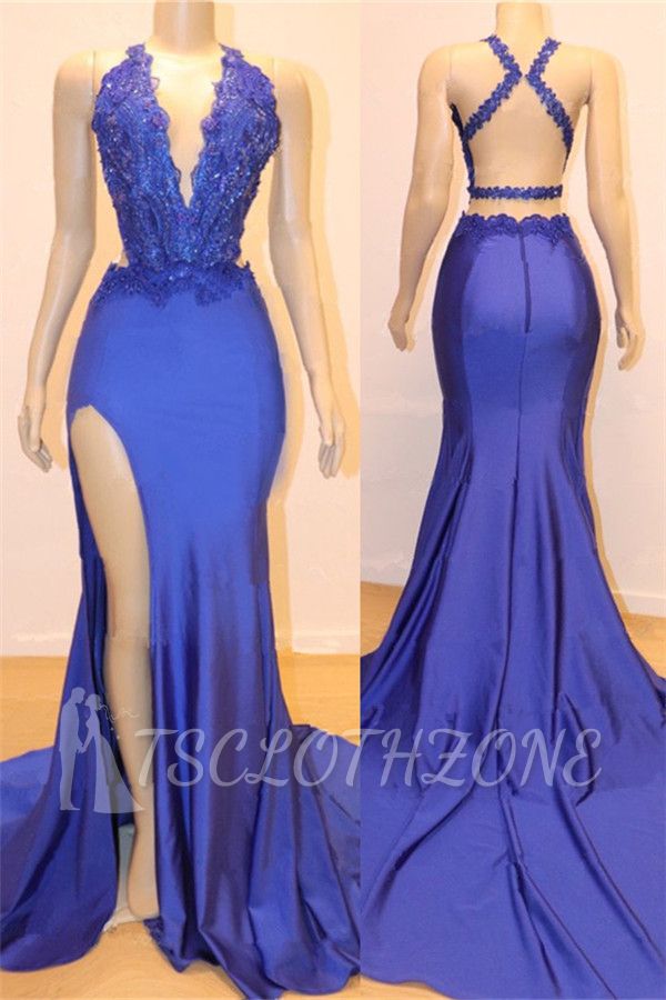 2022 V-neck Sexy Open back Side Slit Prom Dresses Cheap | Royal Blue Mermaid Beads Lace Evening Gowns