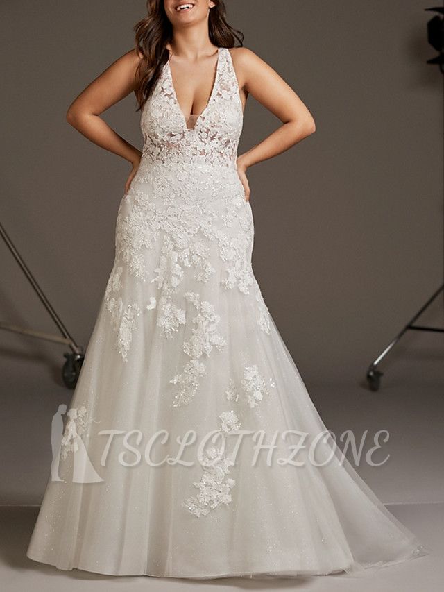 Mermaid Wedding Dress V-neck Lace Tulle Regular Straps Bridal Gowns Plus Size with Sweep Train