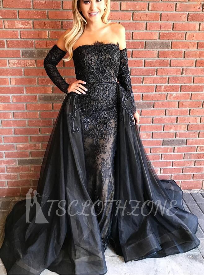 Gorgeous Black Long Sleeves Evening Gowns 2022 Sheath Beads Prom Dresses with Over-Skirt