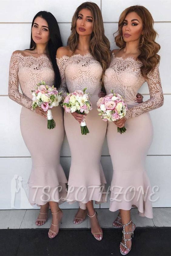 Sexy Mermaid Off-shoulder Lace Appliques Prom Dresses | Elegant Mermaid Ankle Length Wedding Party Dresses
