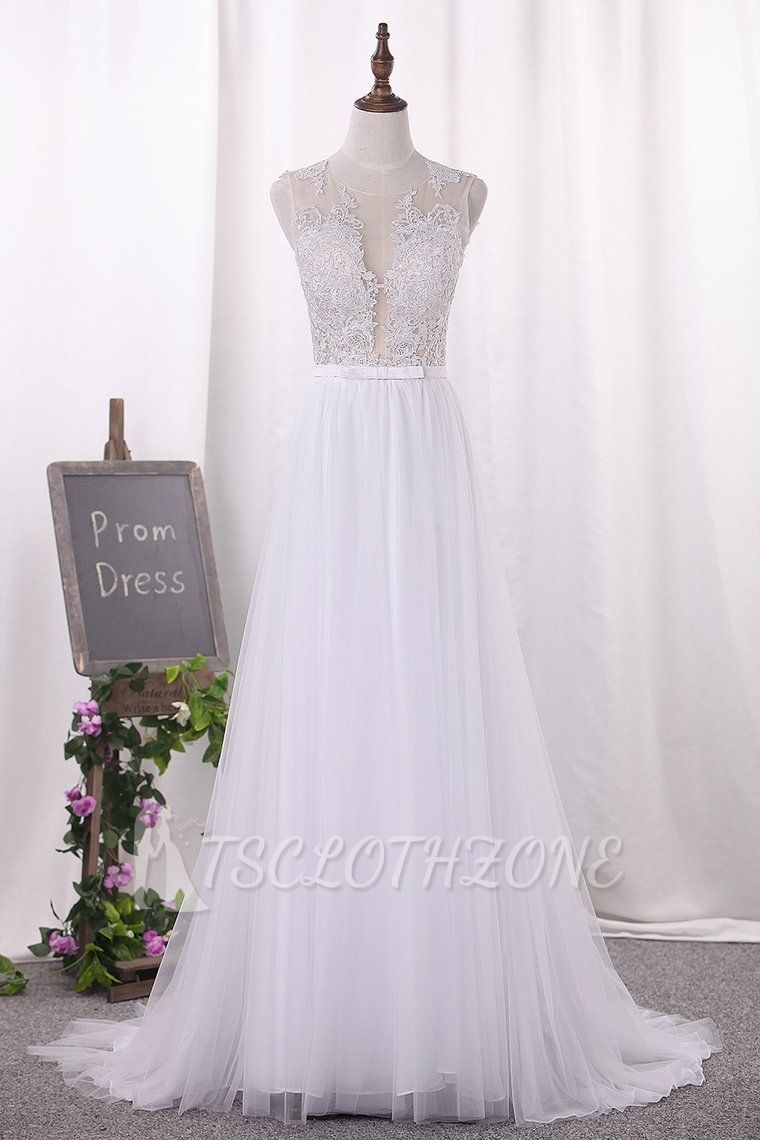 TsClothzone Elegant Jewel Tull Lace Wedding Dress Sleeveless Appliques Ruffles Bridal Gowns On Sale