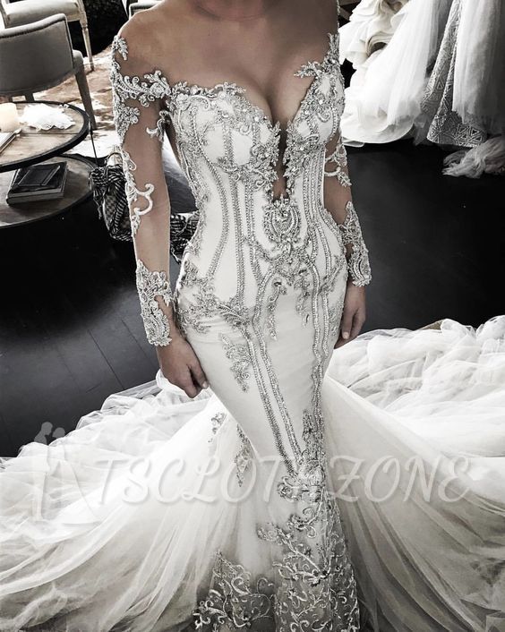Glamouröse schulterfreie Brautkleider im Meerjungfrau-Stil | Sexy Brautkleider mit langen Ärmeln und Spitze 2022
