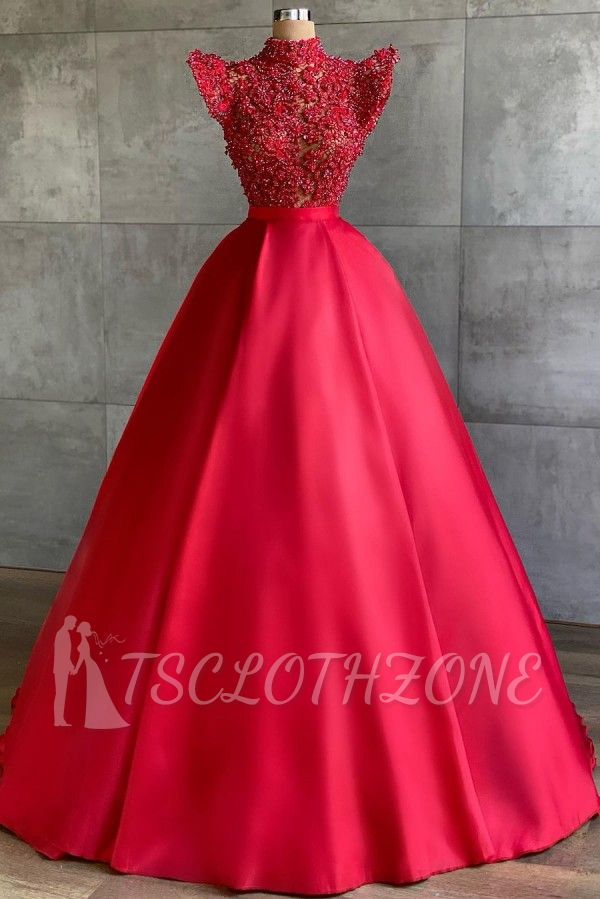 Luxurious Cap Sleeves Red 3D Floral A-line Evening Maxi Gown