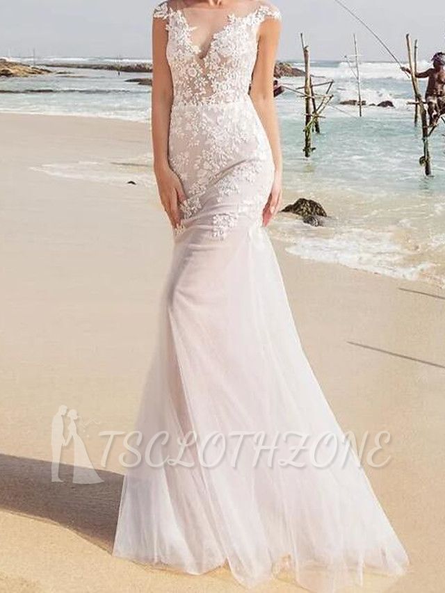 Sexy durchsichtiges Meerjungfrau-Hochzeitskleid Jewel Lace Tüll Ärmellose Brautkleider mit Sweep-Zug