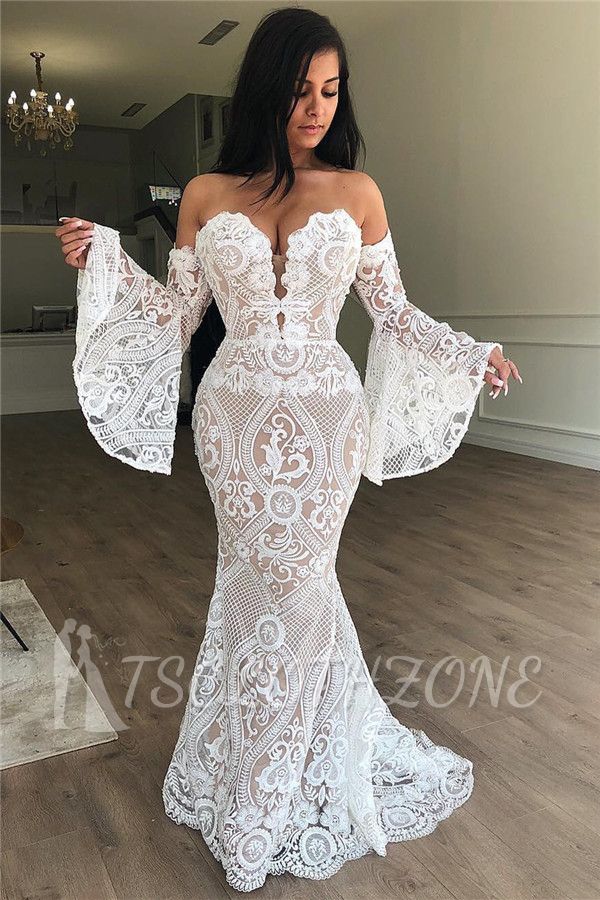Off The Shoulder Lace Evening Dress Sexy | Strapless Bell Sleeves Prom Dresses Online