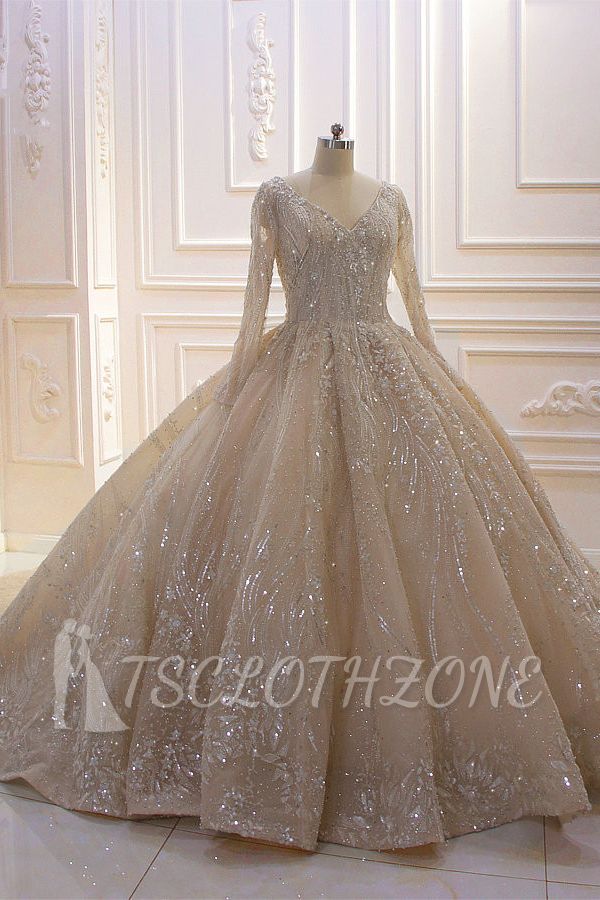 Sparkle Lace Long sleeves Champange Luxury corset Wedding Dress