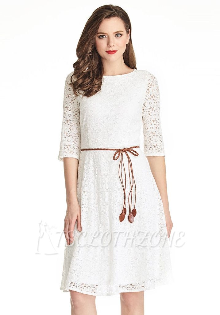 A-Line White Half Sleeve Summer Dresses Lace Knee Length Short Homecoming Gowns