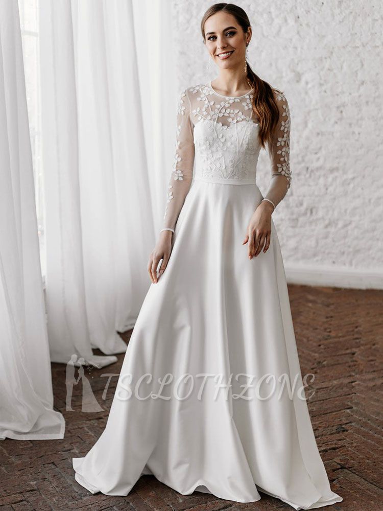 Long Sleeves Appliques Satin White Lace Wedding Dresses Long