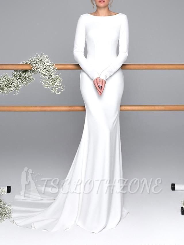 Elegantes Meerjungfrau-Hochzeitskleid mit langen Ärmeln, sexy Brautkleidern mit offenem Rücken und Schleppe