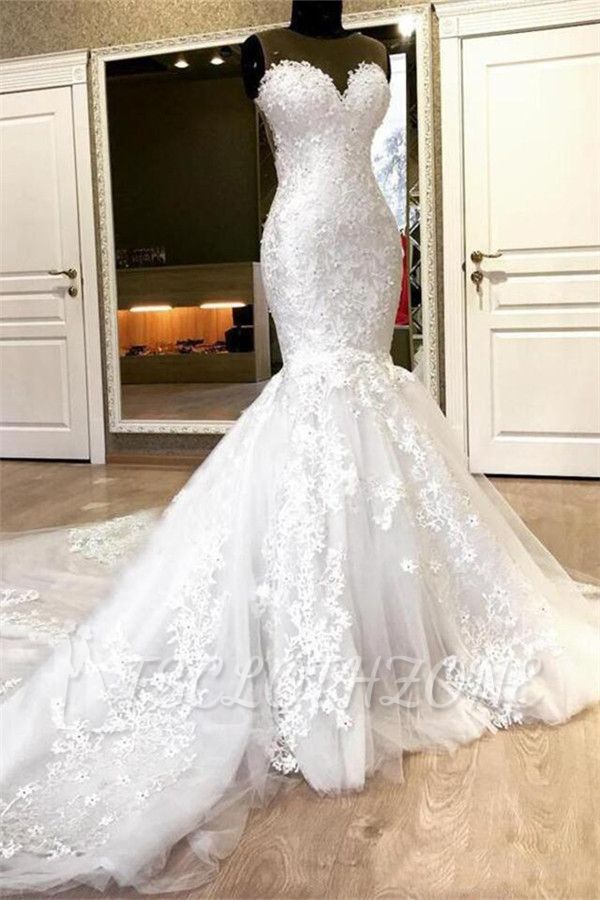 Sweetheart White Illusion neck Mermaid Beaded Lace Wedding Dress