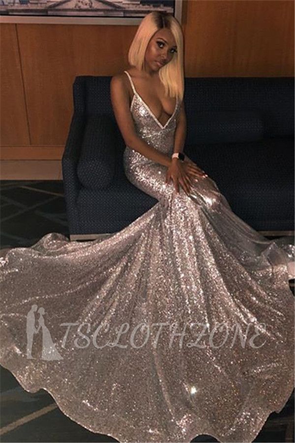 Alluring Spaghetti straps Glittering Sequins Sleeveless Prom Dresses | Sexy Mermaid Open Back Evening Dresses