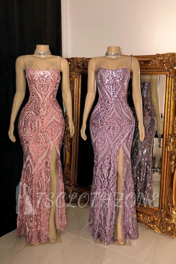 Glamorous Spaghetti Straps Front Slit Sequins Mermaid Prom Dresses