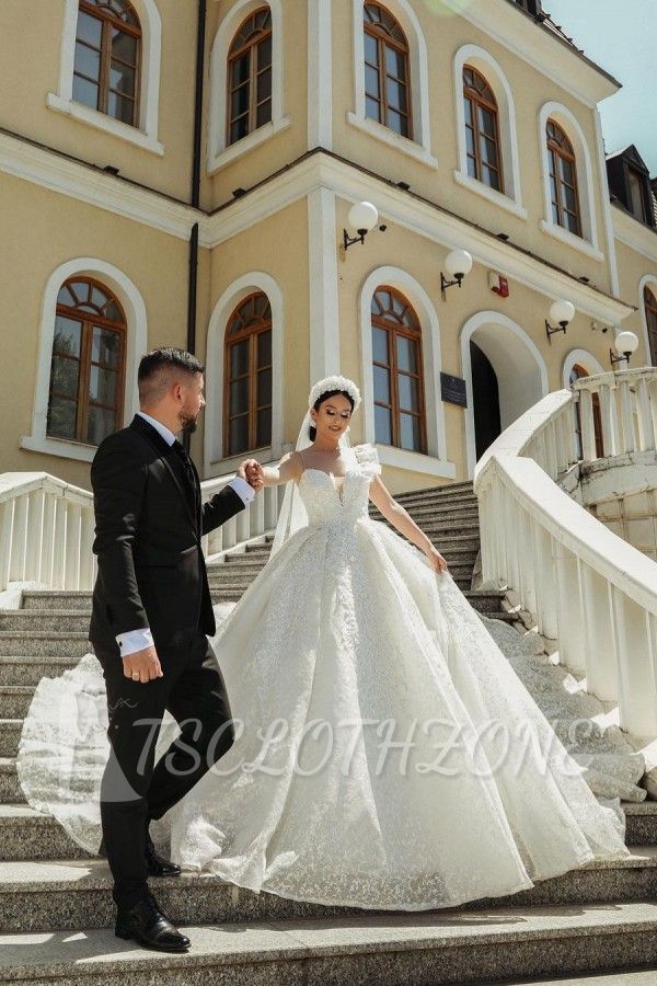 Spaghetti Strapes Glitter Floral Lace Flppr-Length Wedding Dress