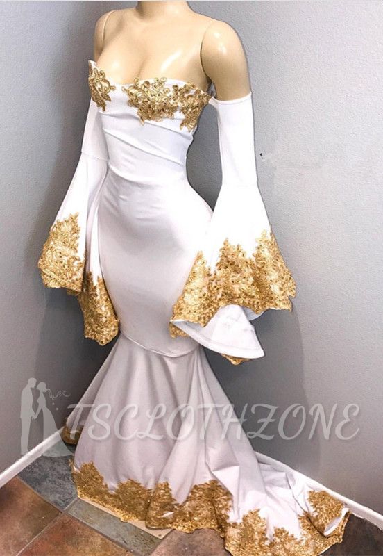 Long sleeve prom dress with gold appliques, mermaid evening dress BA8276