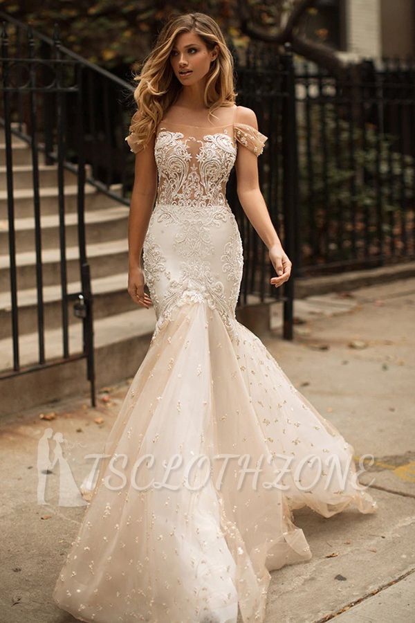 2022 Mermaid Off-the-Shoulder Wedding Dress | Tulle Appliques Bridal Gowns